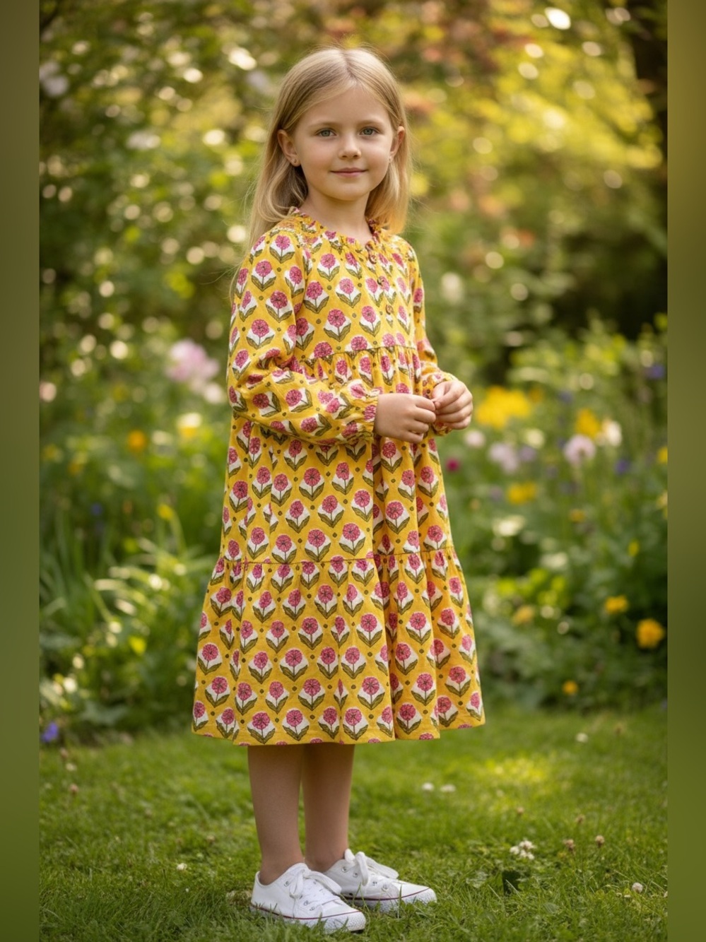 Mini Boden Yellow Pink Floral Tiered Dress Prairie Cottagecore Girls 7-8 NWOT